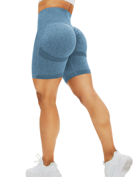 HIGORUN Women's Seamless Workout Shorts Gym Yoga High Waist Smile Contour Cycling Shorts blue