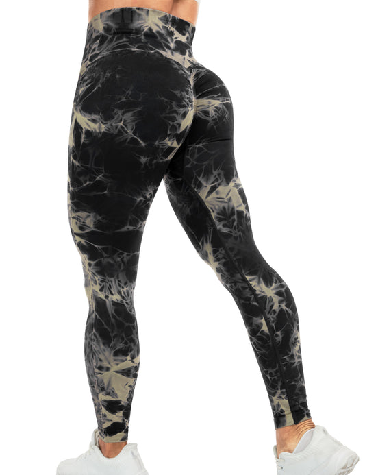 Women Tie-dyed High Waist Gym Exercise Sports Leggings,Black gray 