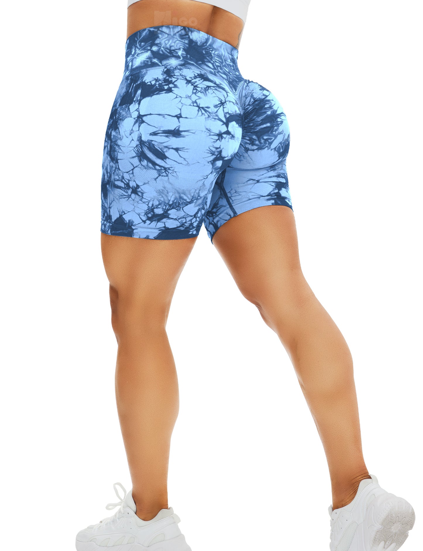 HIGORUN Women's Seamless Workout Shorts Gym Yoga High Waist Smile Contour Cycling Shorts tie dye blue