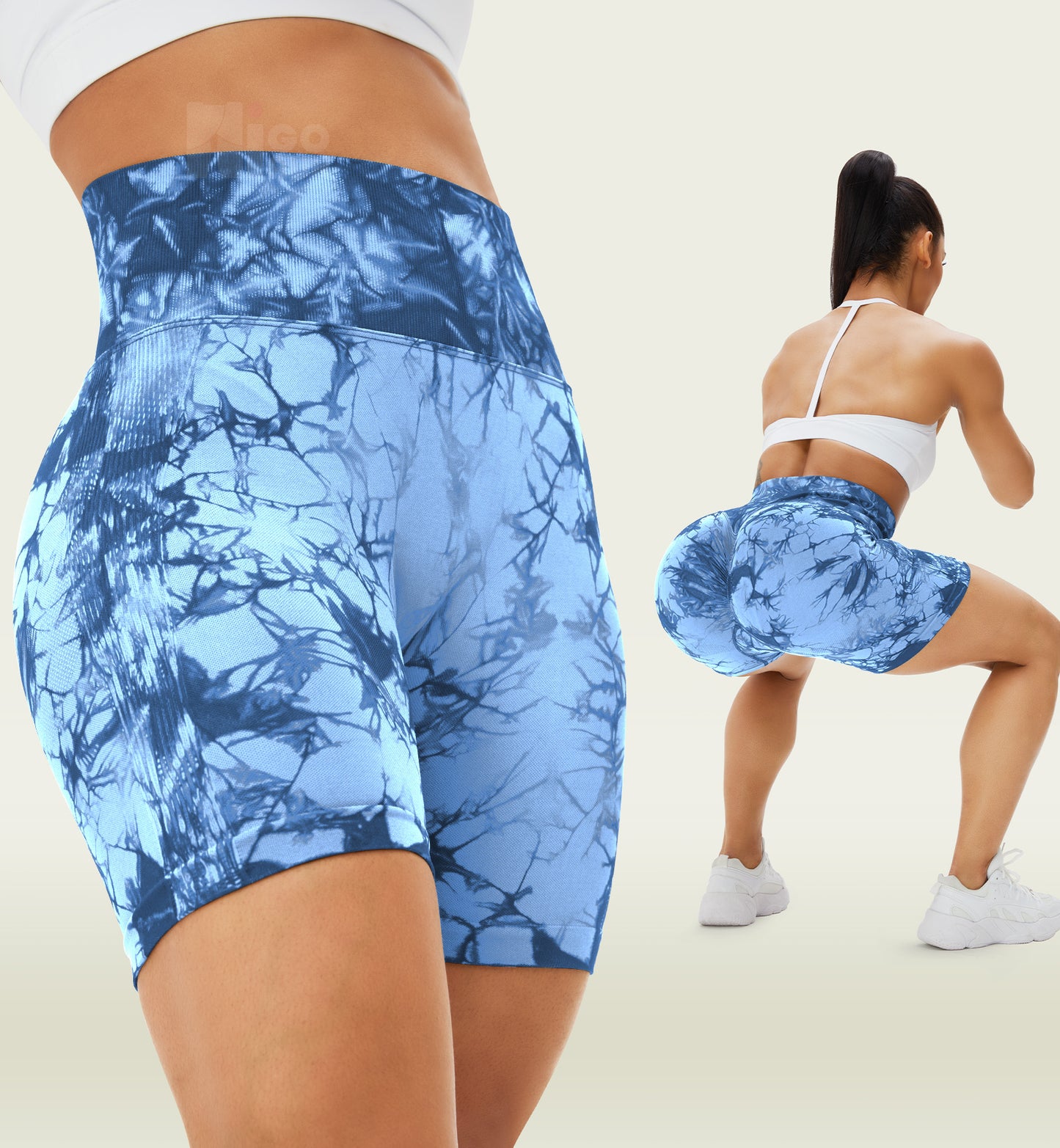 HIGORUN Women's Seamless Workout Shorts Gym Yoga High Waist Smile Contour Cycling Shorts tie dye blue